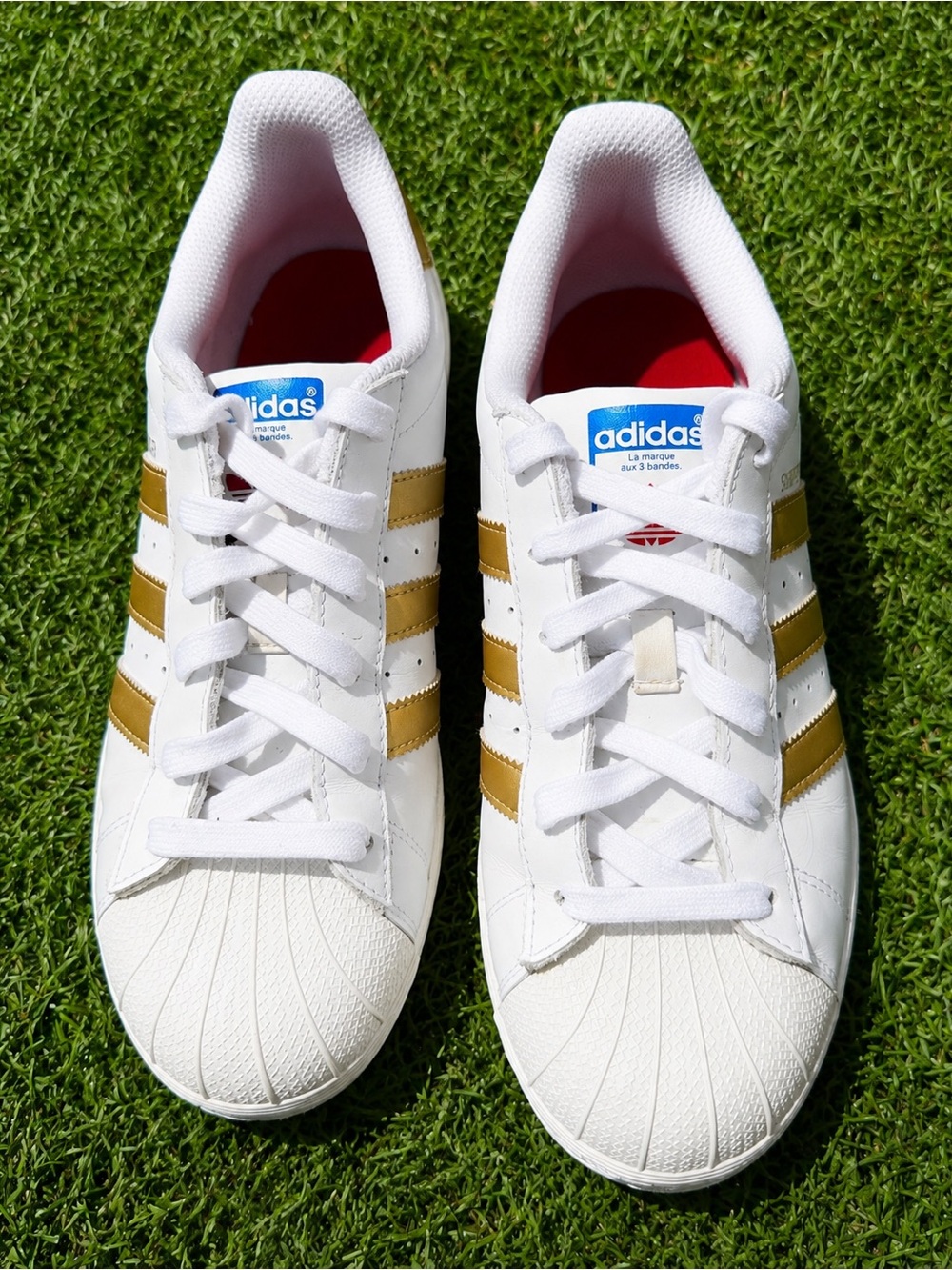 Adidas Superstar White Gold Stripe Clam Shell Toe Sneaker Shoes Sz(7.5)